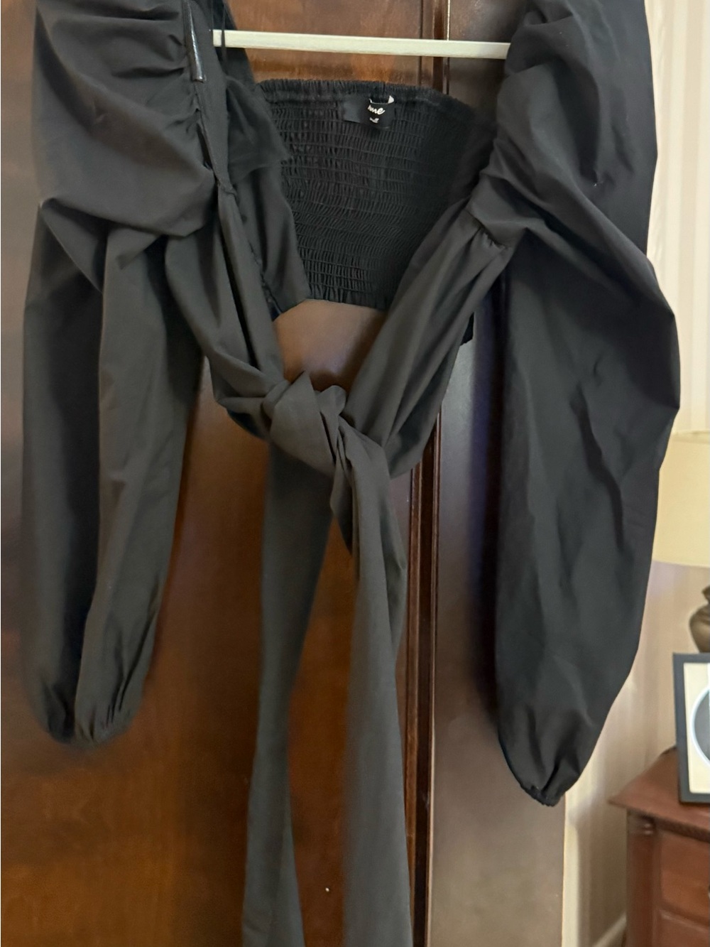 Black Puff Sleeve Tie-Front Crop Top